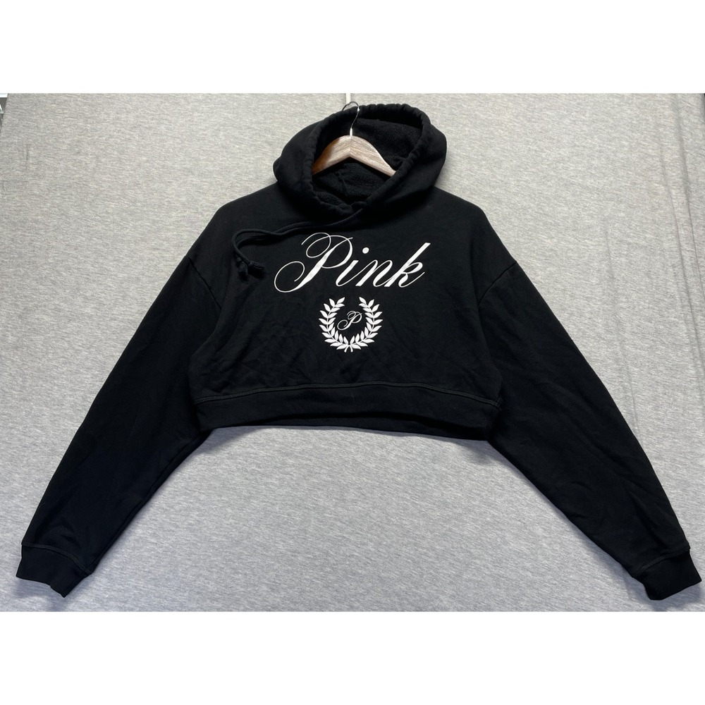 PINK Victoria's Secret Fleece Cropped Hoodie Womens Small Black Graphic Ribbed